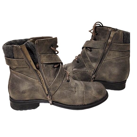 Lane Bryant Ankle Boots Buckle Lace Up Side Zip Leather Olive Green Womens 7M - Picture 5 of 7